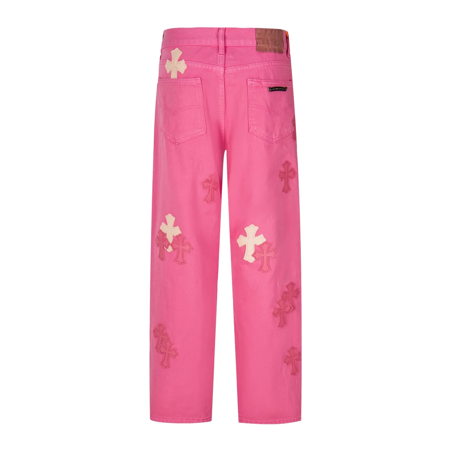 P250 CHROME HEARTS 25ss dopamine light pink cross-over leather washed jeans - Full of exploring the ultimate in fashion, Chrome Hearts' new Chrome Hearts pants not only present a unique style, the fresh ice blue color looks particularly youthful and energetic. The mid-high waist design is paired with a lazy and casual style, which not only shows long legs but also maintains a casual feel. It is a must-have fashion choice for trendy men and trendy women. Style number: 1778# Color: Dopamine powder Size: 28 30 32 34
